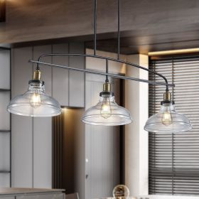 45" Industrial 3-Light Pendant Chandelier with Clear Glass Shades, Black Metal Frame, Adjustable Height, Modern Farmhouse Lighting for Kitchen Is (Color: as Pic)