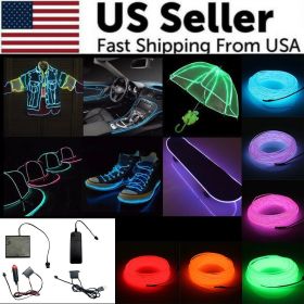 Neon LED Light Glow EL Wire String Strip Rope Tube Decor Car Party + Controller (Length: 15FT, Controller Type-Color: Battery Pack (3 Modes)-Green)